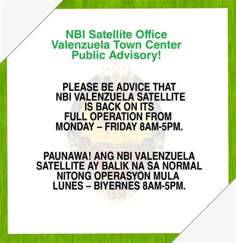 nbi valenzuela town center opening hours|NBI Satellite Office .
